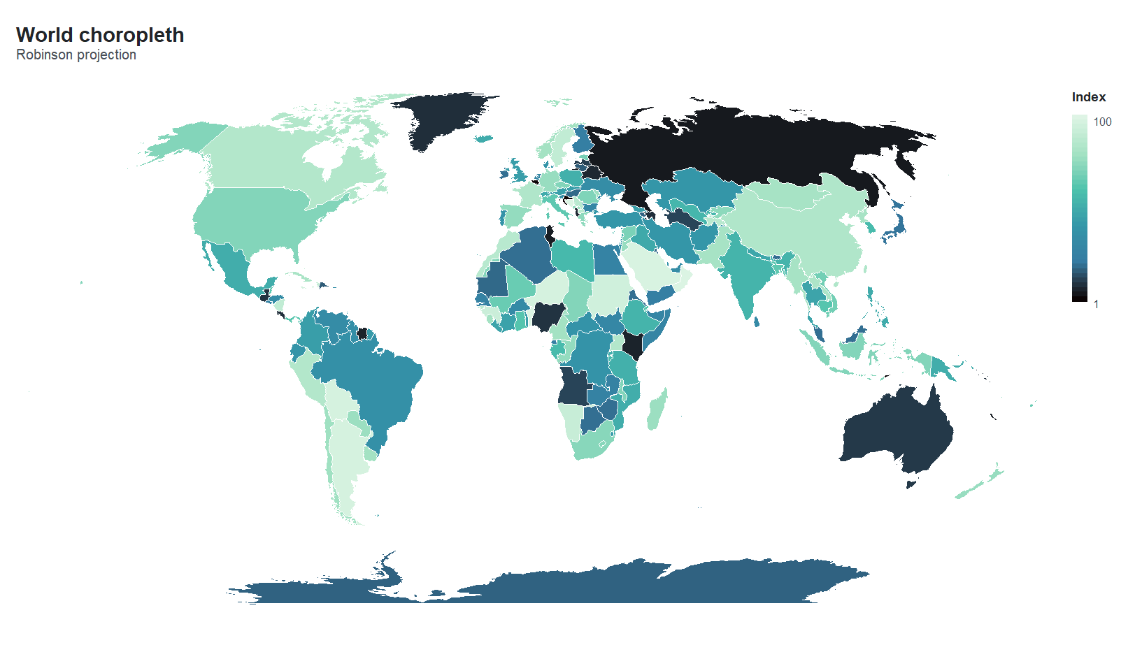 World choropleth in the Robinson projection, countries shaded by value